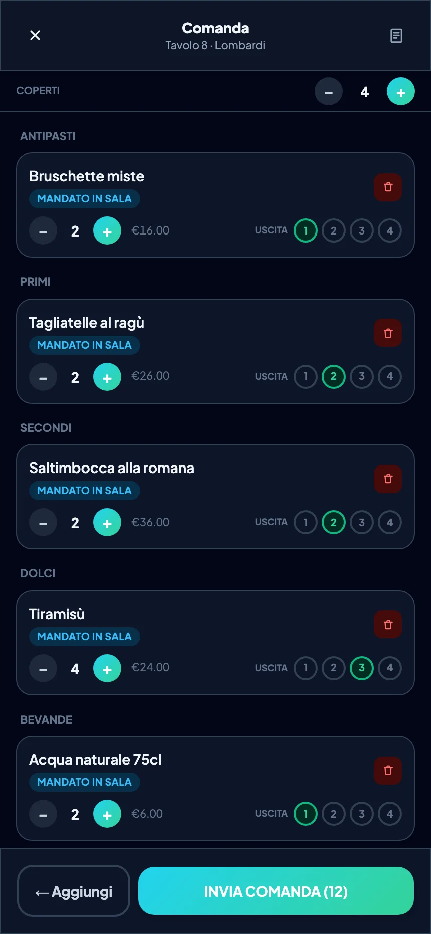 La comanda sul telefono del cameriere, con i piatti segnati Mandato in sala